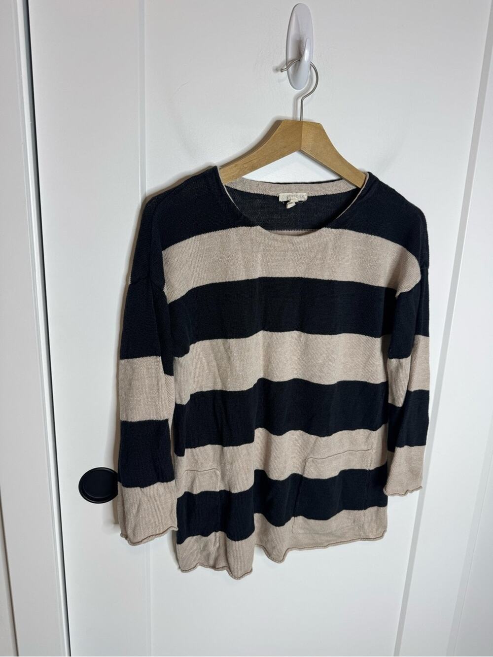 Eileen Fisher 100% Organic Linen Black Stripe Knit Sweater Top Pockets Size XS